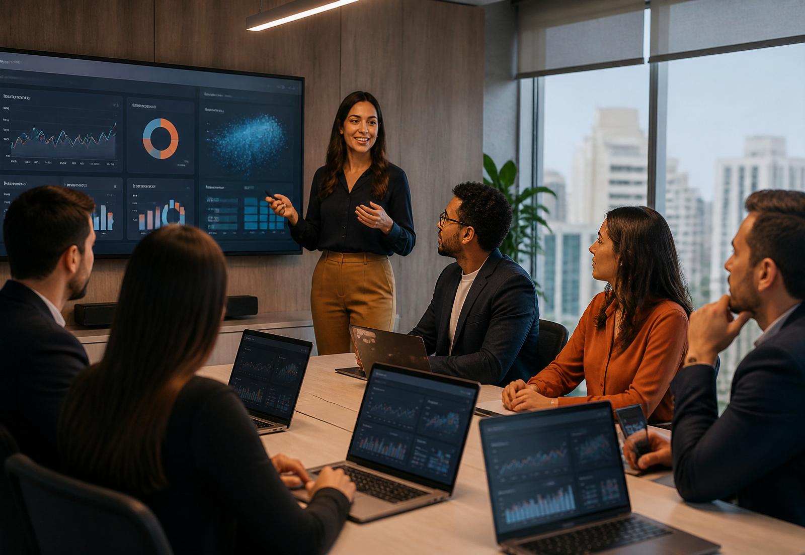 Treinamento presencial de capacitação em IA para empresas, com equipe de negócios operando ferramentas de IA em imersão